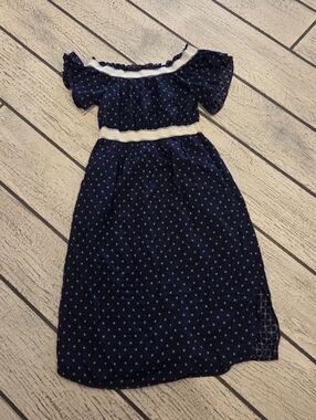 Womens Navy Off-Shoulder Polka Dot Dress,  White Trim 100% Cotton With Pockets